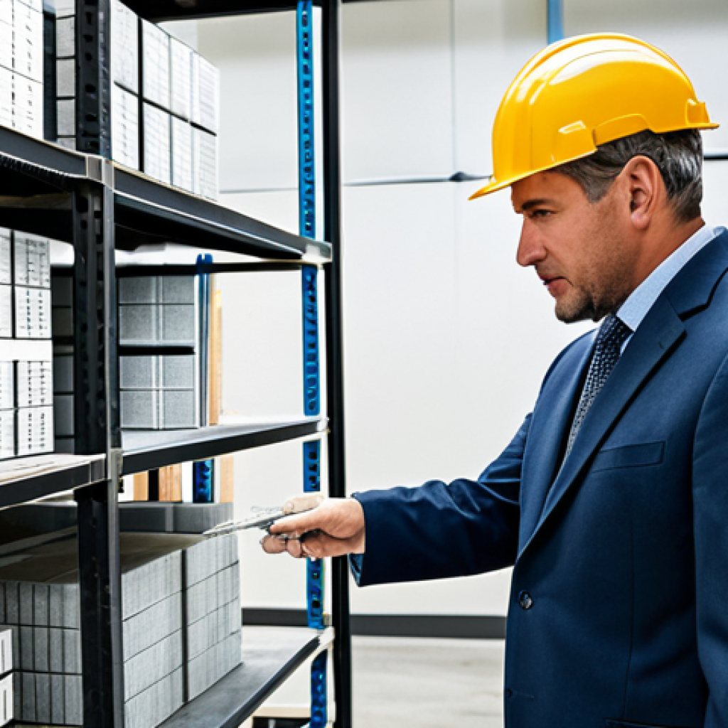 A professional male architect in a modest business suit, meticulously examining a sample of high-performance concrete. He is standing in a well-lit, modern architectural materials laboratory, which features shelves displaying various advanced building materials like high-strength steel rebar and innovative composites. He holds a blueprint in one hand, gesturing with the other towards the concrete sample, emphasizing precision and the cutting edge of material science. The scene is clean and organized, focusing on the future of durable construction. fully clothed, appropriate attire, safe for work, perfect anatomy, correct proportions, natural pose, well-formed hands, proper finger count, natural body proportions, professional photography, high quality, modest, family-friendly.