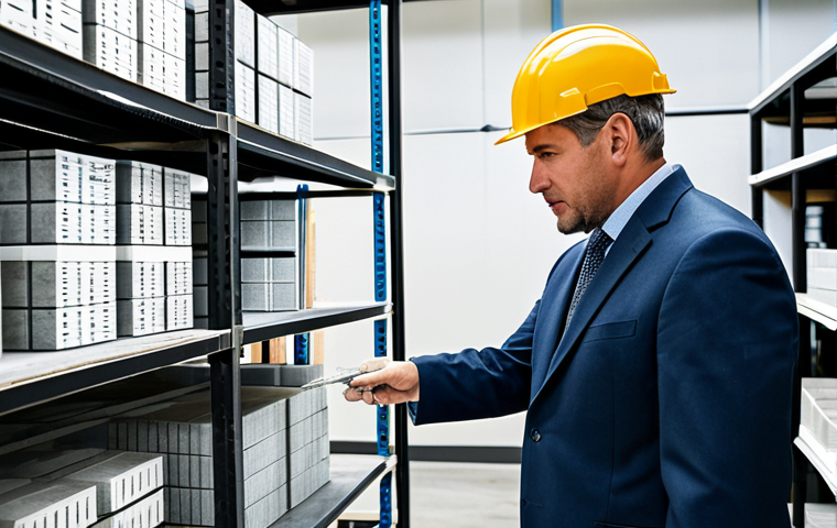 A professional male architect in a modest business suit, meticulously examining a sample of high-performance concrete. He is standing in a well-lit, modern architectural materials laboratory, which features shelves displaying various advanced building materials like high-strength steel rebar and innovative composites. He holds a blueprint in one hand, gesturing with the other towards the concrete sample, emphasizing precision and the cutting edge of material science. The scene is clean and organized, focusing on the future of durable construction. fully clothed, appropriate attire, safe for work, perfect anatomy, correct proportions, natural pose, well-formed hands, proper finger count, natural body proportions, professional photography, high quality, modest, family-friendly.