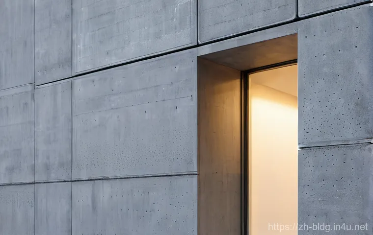 건축산업기사와 재료 선정의 중요성 - A close-up of a modern, minimalist building facade crafted from advanced self-healing concrete. Deli...