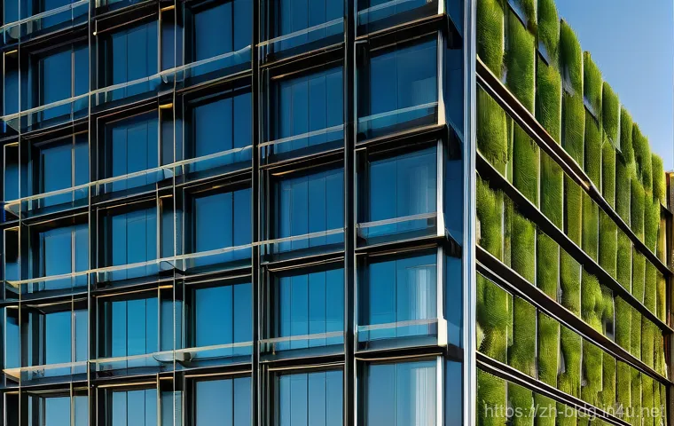 건축산업기사와 재료 선정의 중요성 - A close-up of a modern, minimalist building facade crafted from advanced self-healing concrete. Deli...