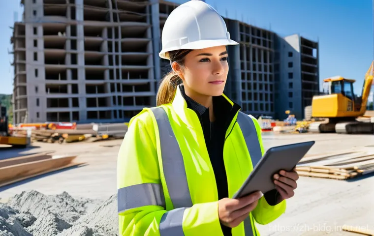 건축산업기사와 공정한 시공 프로세스 - **Prompt 1: The Diligent Site Engineer**
    "A highly detailed, realistic photograph of a focused f...